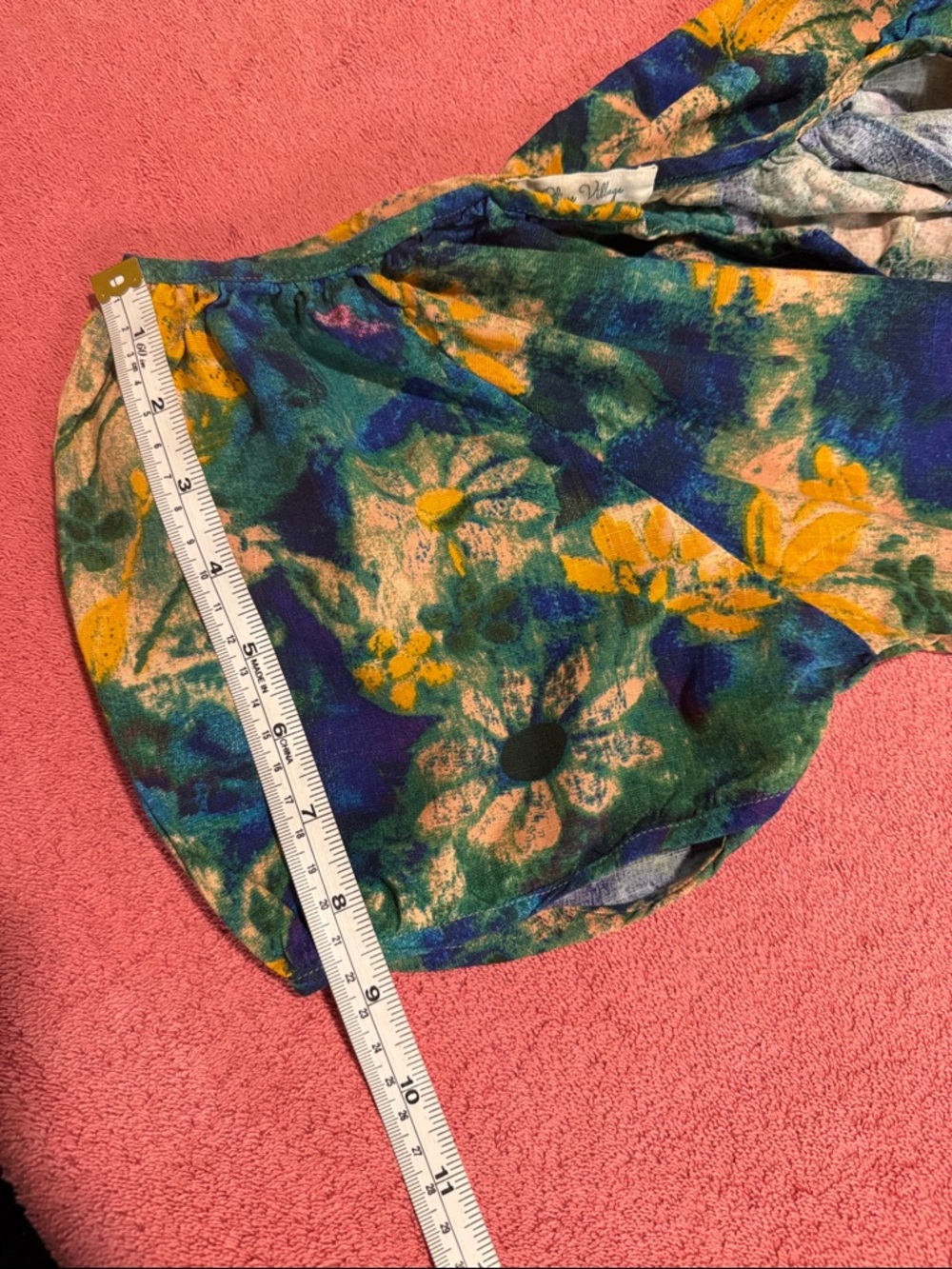 Printed Short-Sleeve Peasant Blouse in Blue, Green & Yellow - Picture 6 of 7